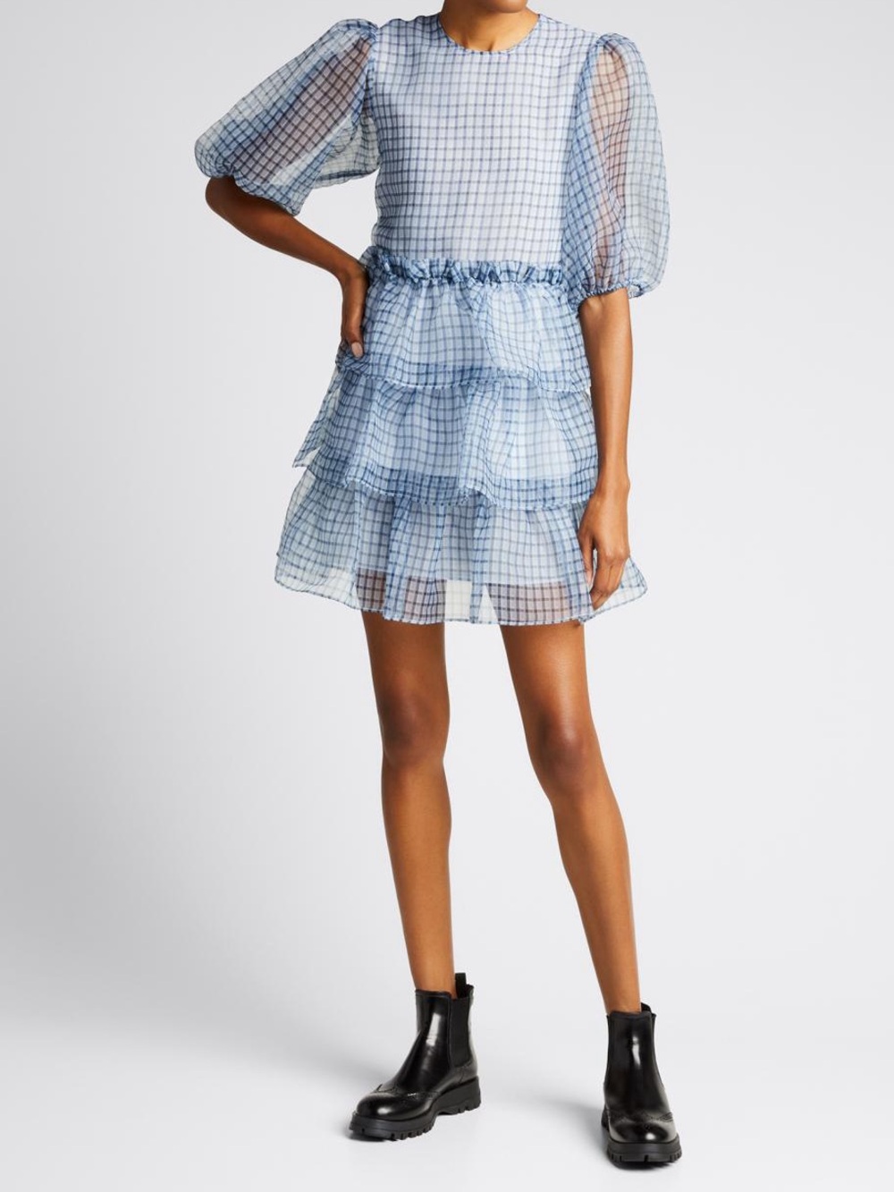 Tiered Blue Check Puff-Sleeve Mini Dress